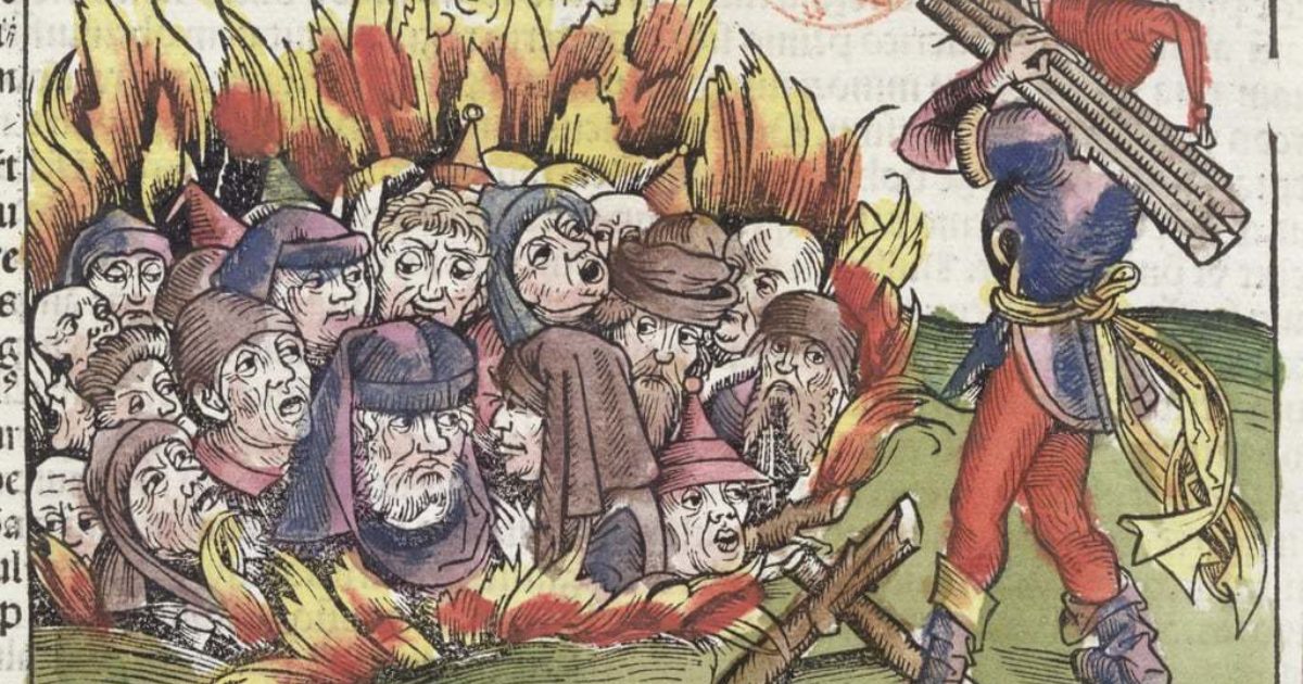 woodcut of Jews being burned alive, not pretty